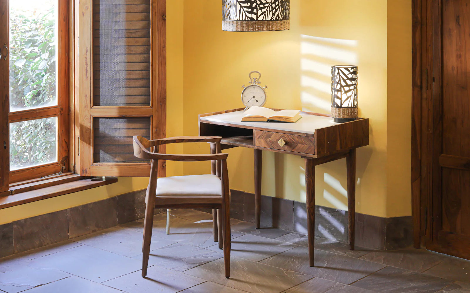 Sheesham wood Dado Study Table with chair  near the window