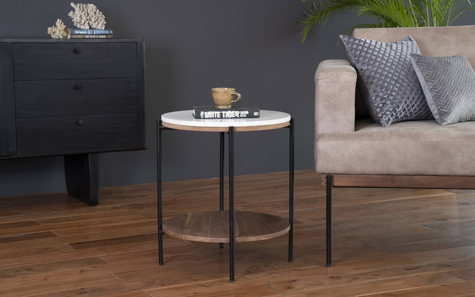 Ipiano 2 tier marble and wooden Side Table in living room