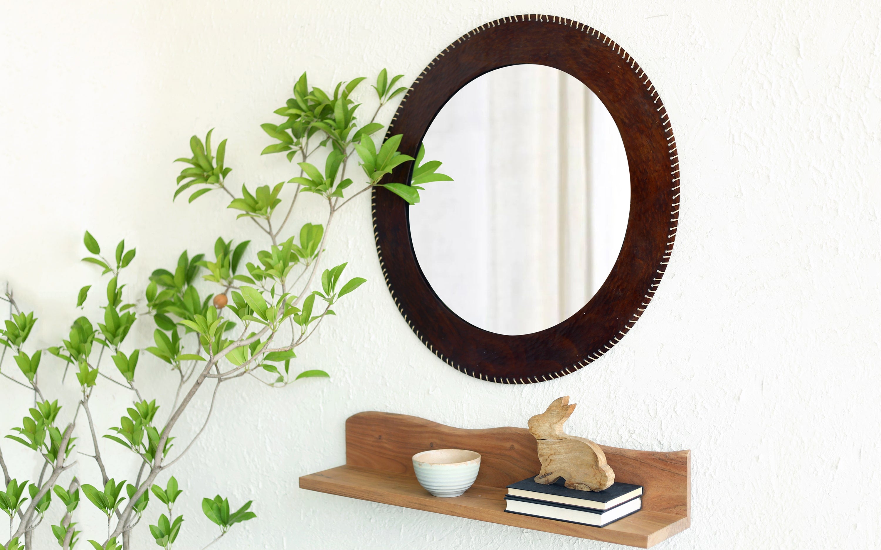 Fukan Round Shape Wooden Wall Mirror
