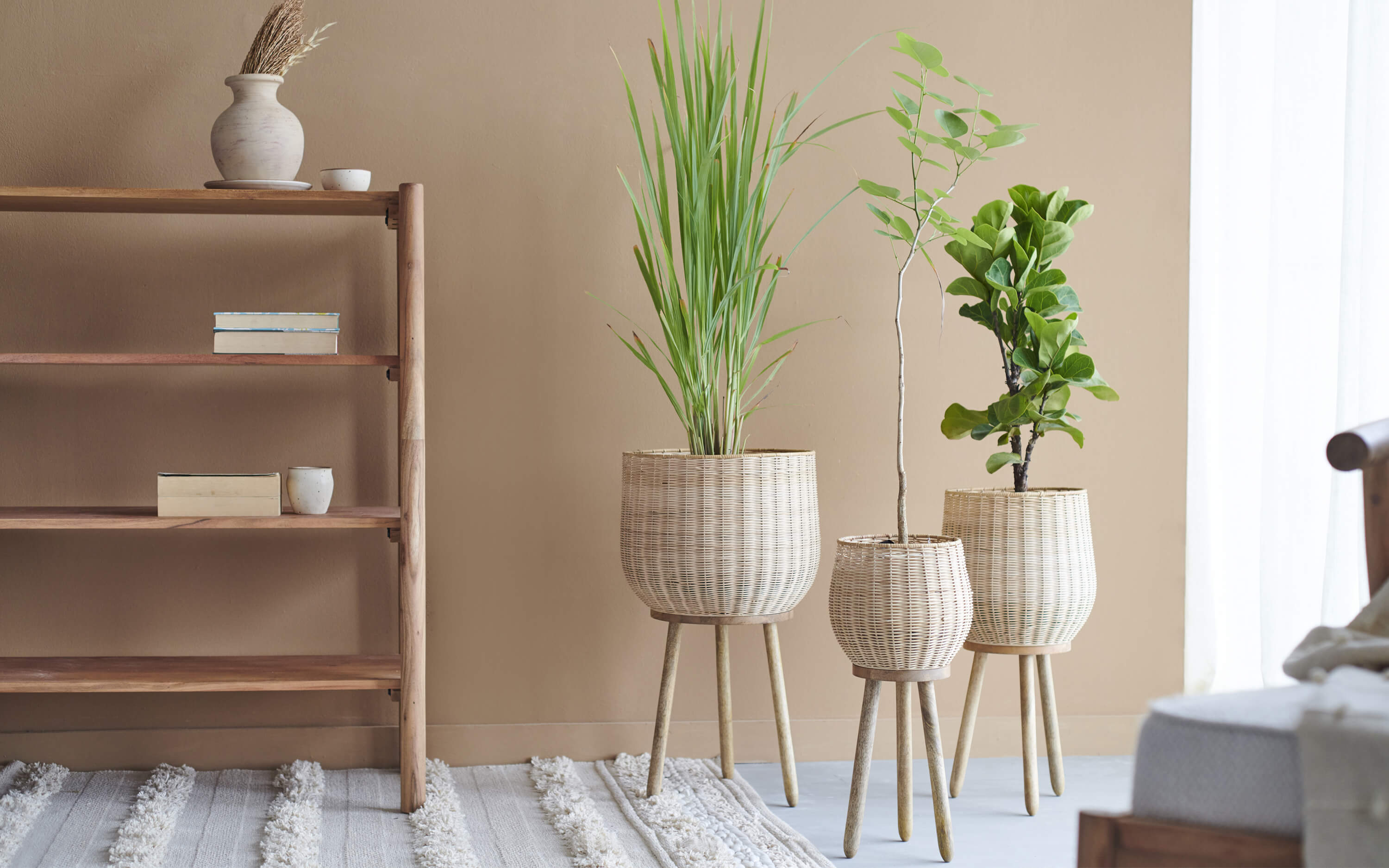 Callam Cane Planter with wooden legs in medium size.  Decoration ideas from Orangetree