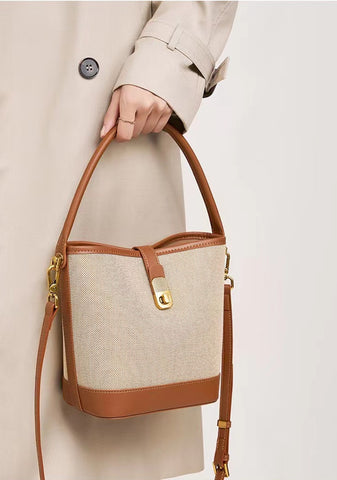 brown canvas bucket bag