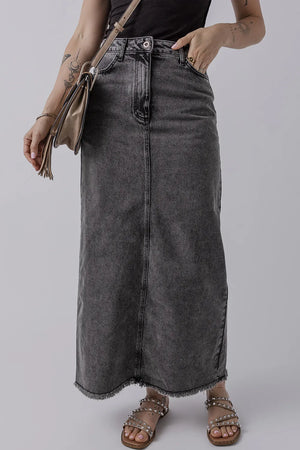 Raw Hem Midi Denim Skirt with Pockets - SwiftCart