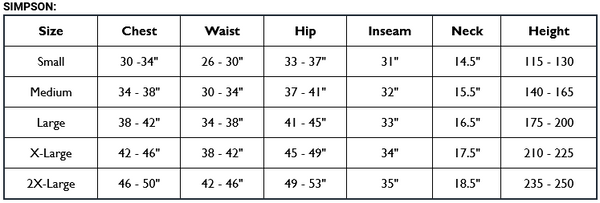 Simpson Suit Sizing Guide