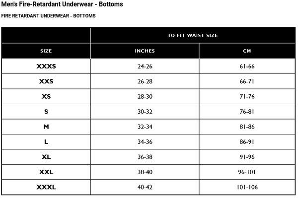 Fire Retardant Underwear Sizing Guide - Bottoms