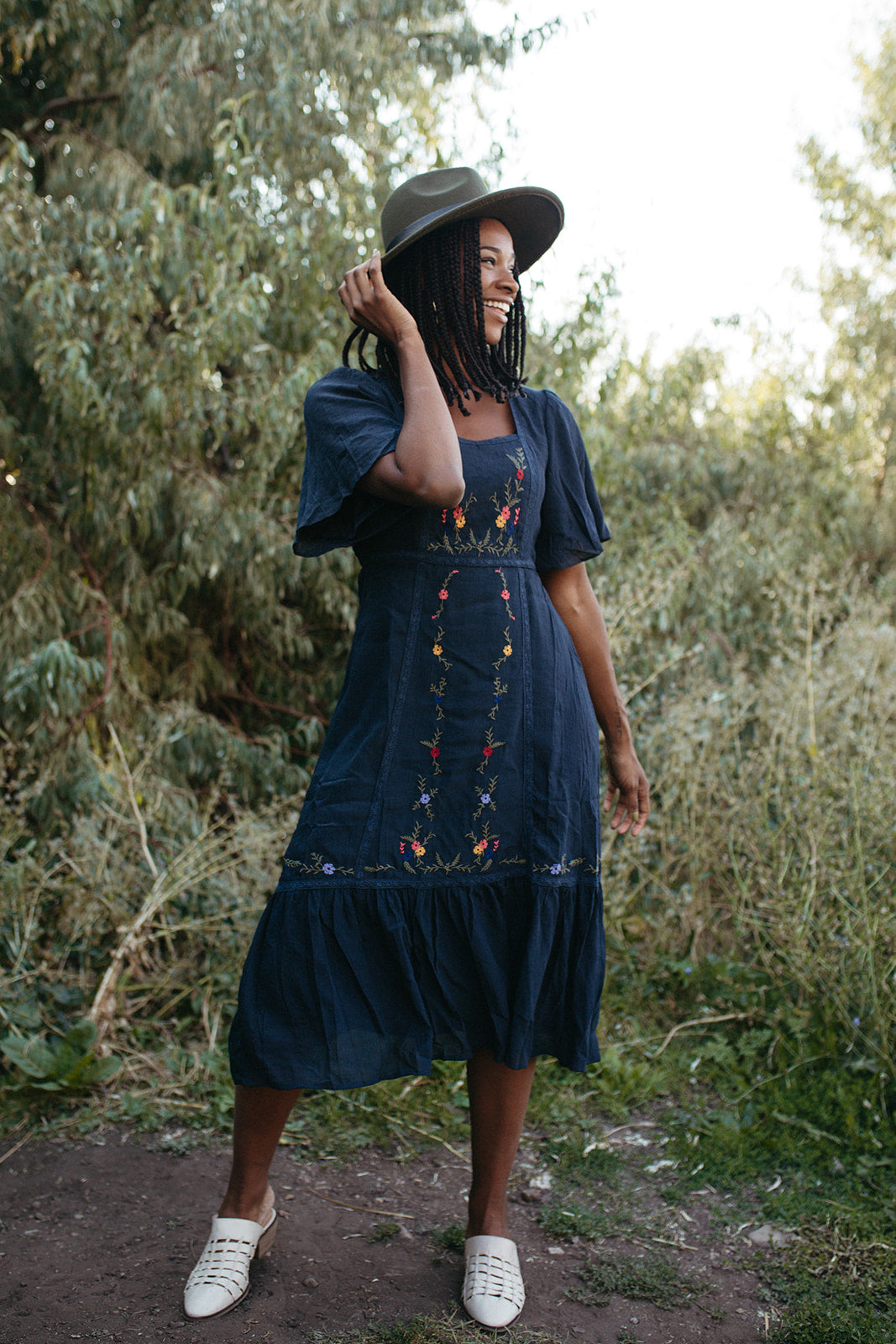 The Butterfield Embroidered Dress in Navy