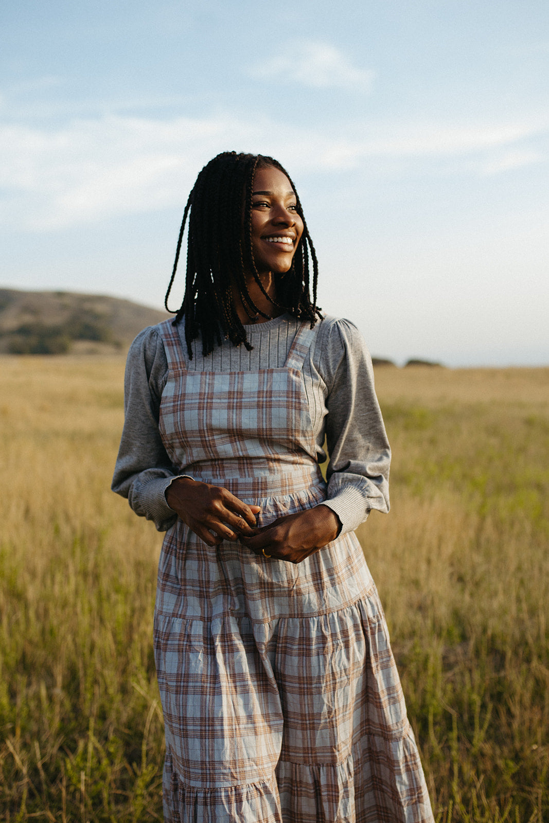 The Thornell Plaid Jumper Dress in Dusty Blue