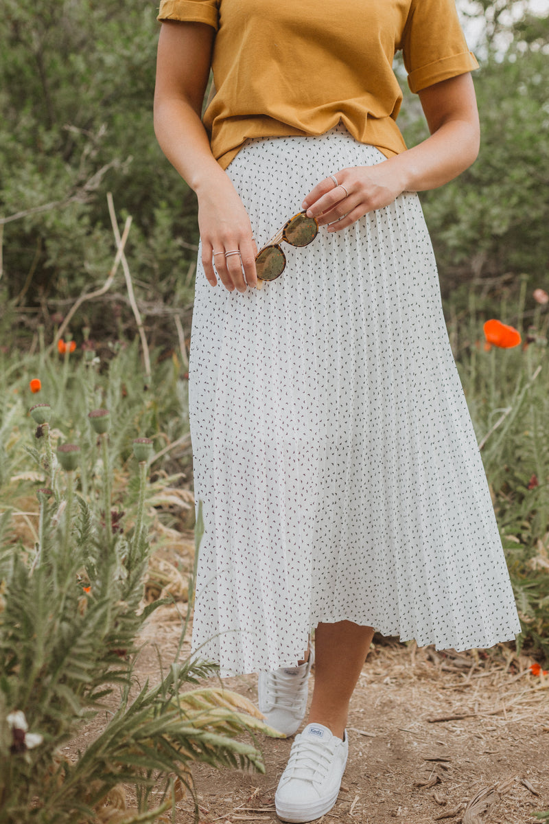 white pleated maxi skirt