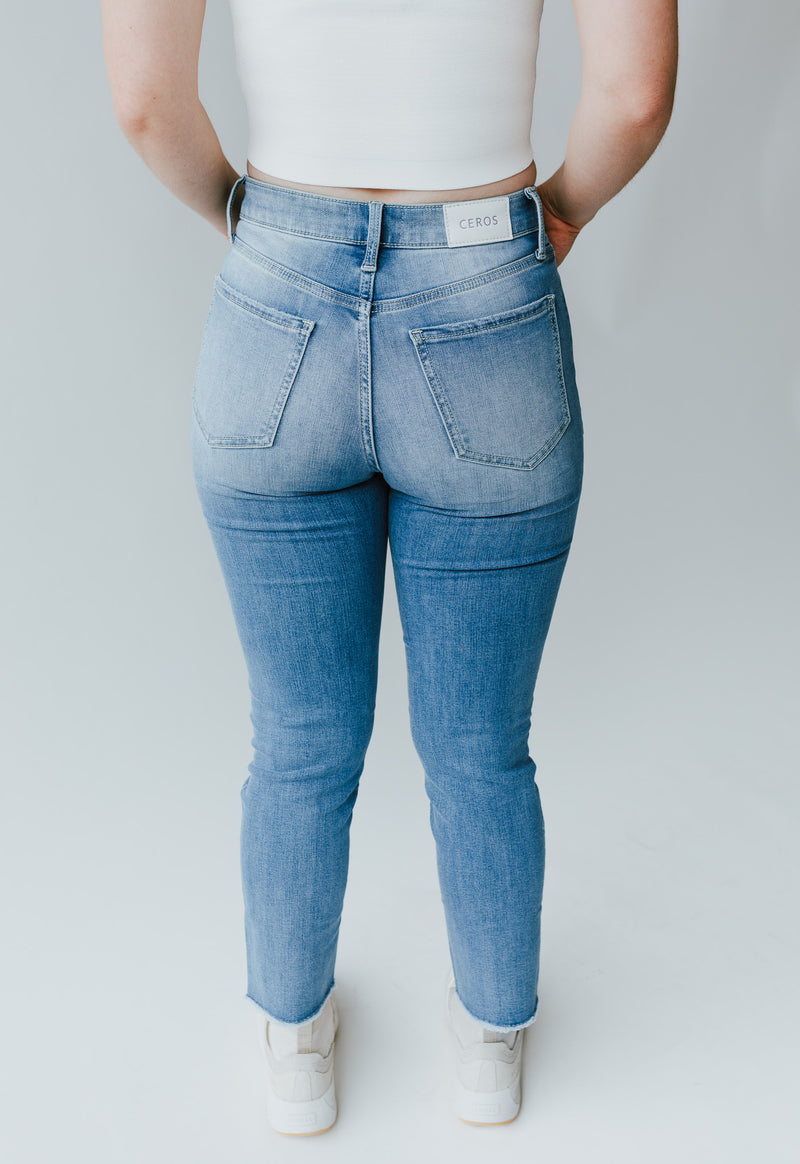 Denim: Valencia High Rise Crop Straight Jean in Medium Blue