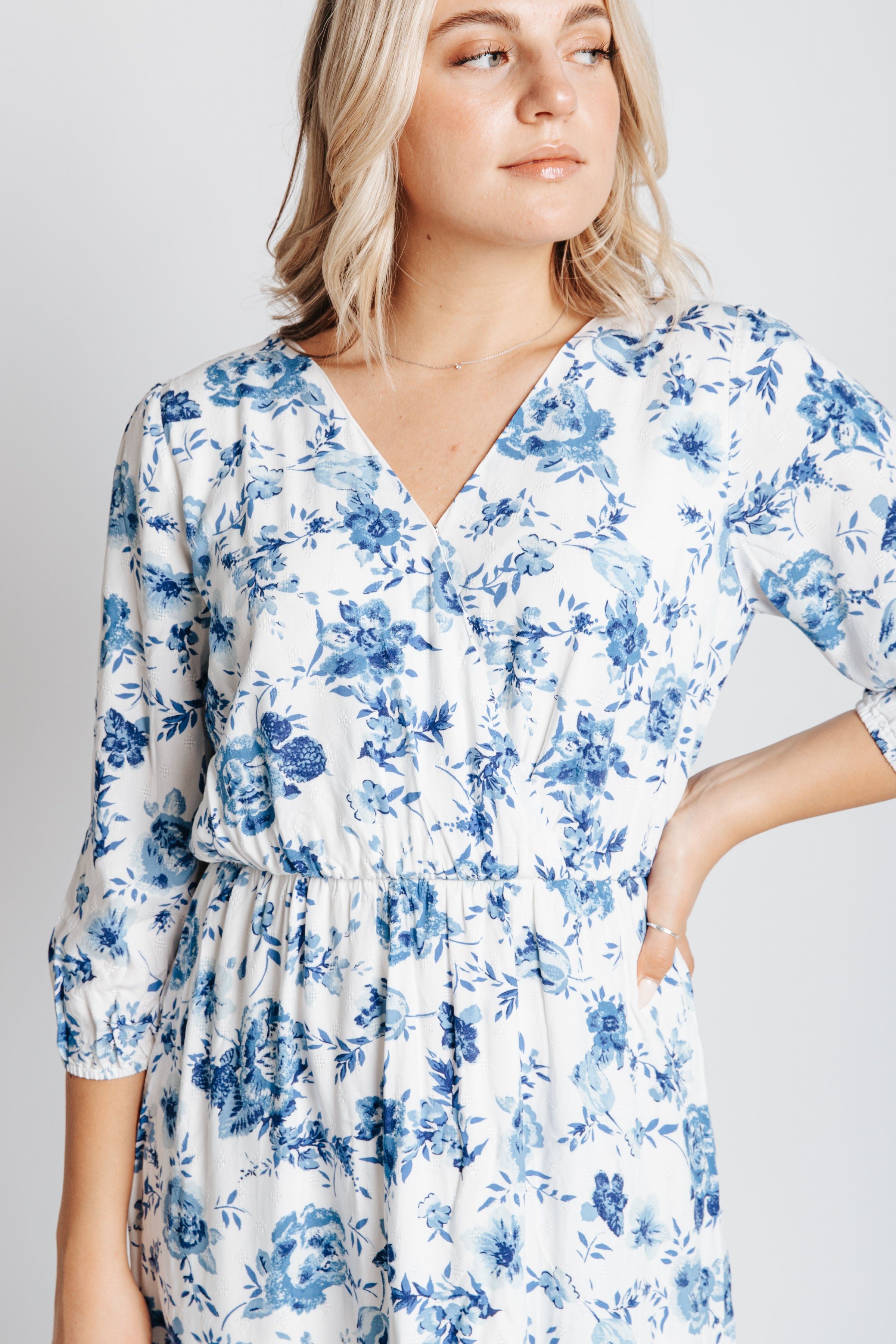 Piper & Scoot: The Raya Floral Print Midi Dress in Ivory + Blue