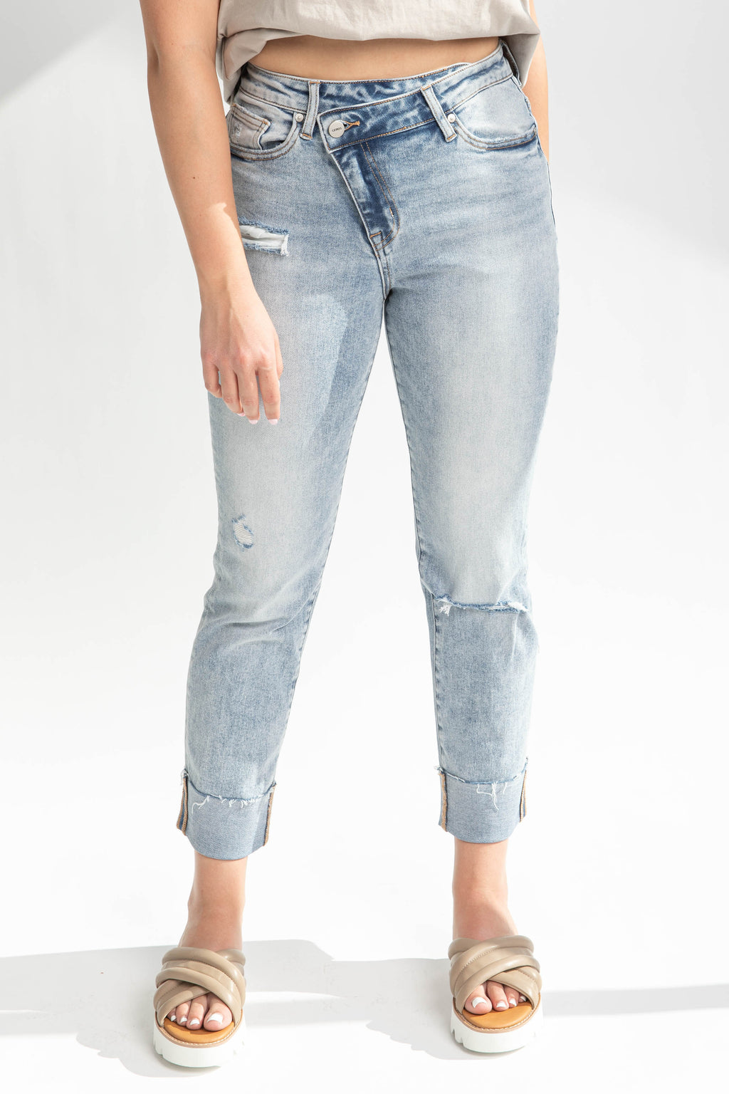 Denim: Valencia High Rise Crop Straight Jean in Medium Blue