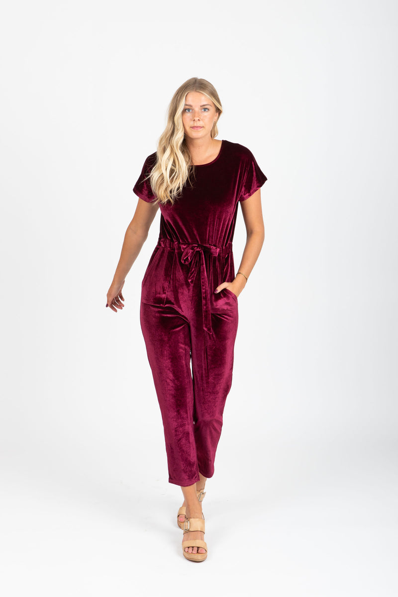 burgundy velvet jumpsuit