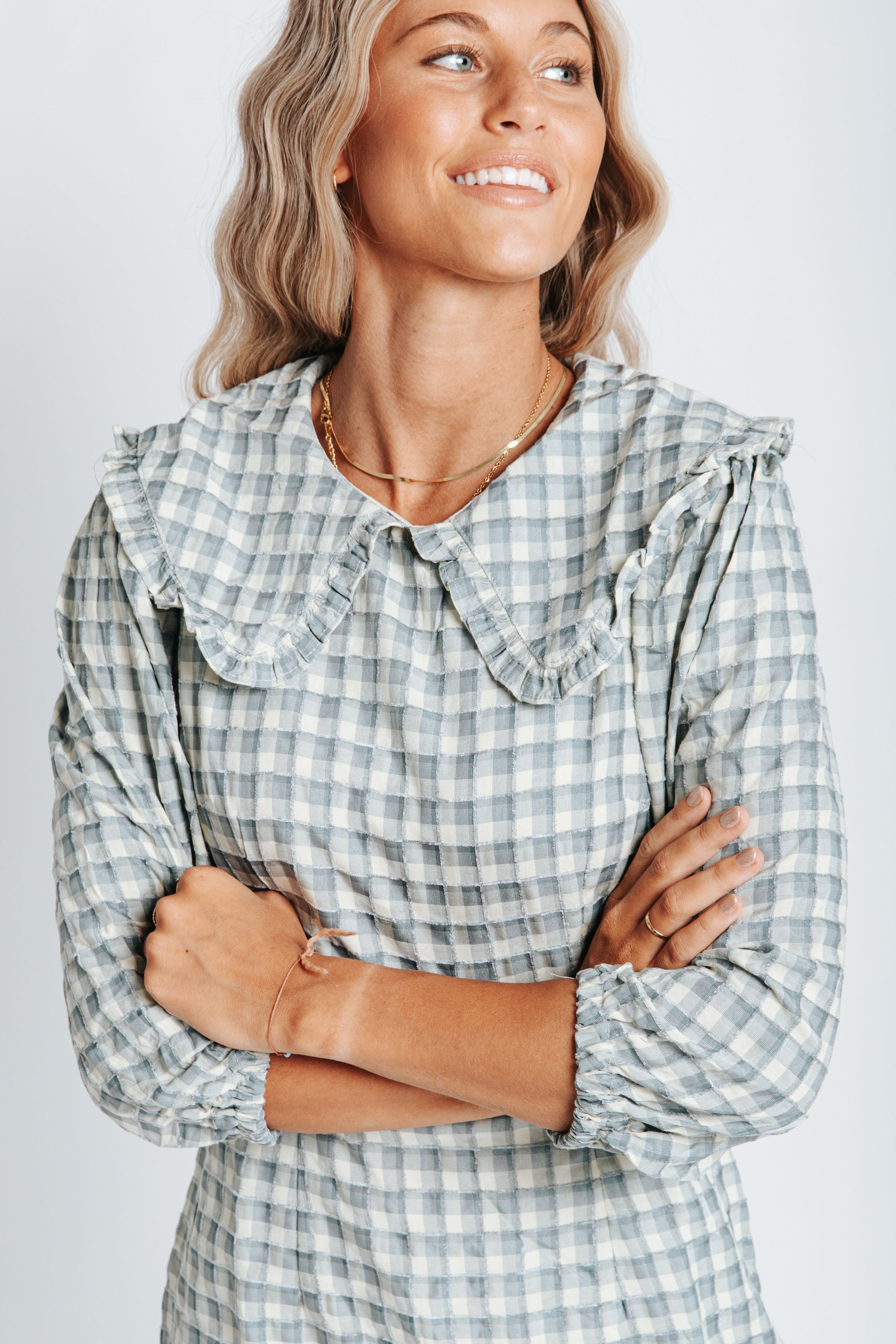 The Rockwell Plaid Collar Dress in Dusty Teal