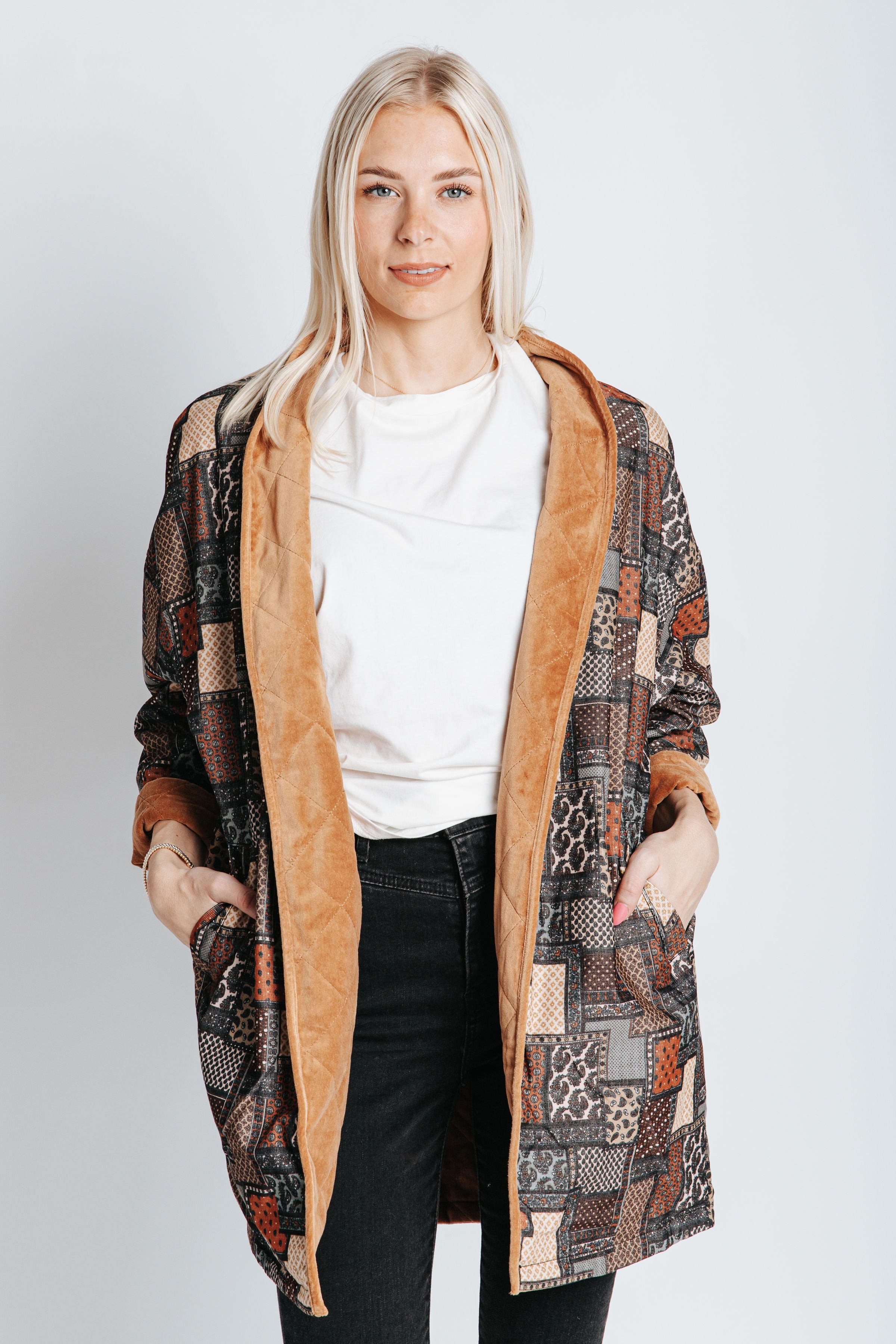 The Rosalie Reversible Quilted Coat in Caramel