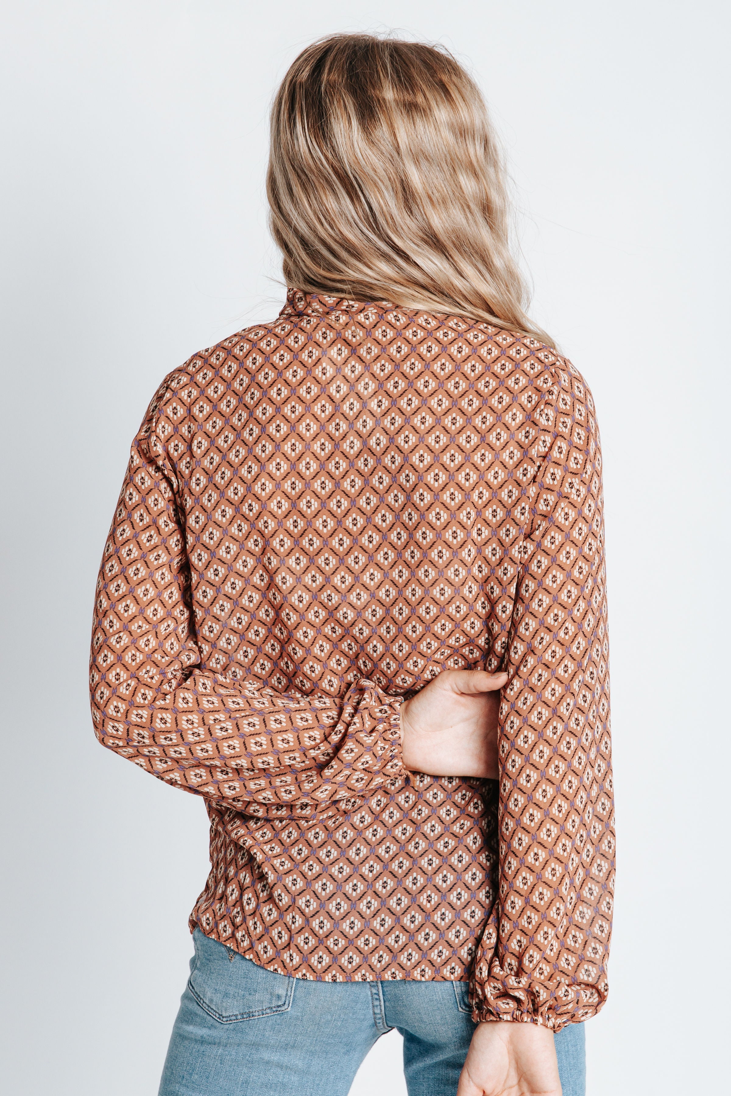 The Marshall Patterned Tie Blouse in Cinnamon