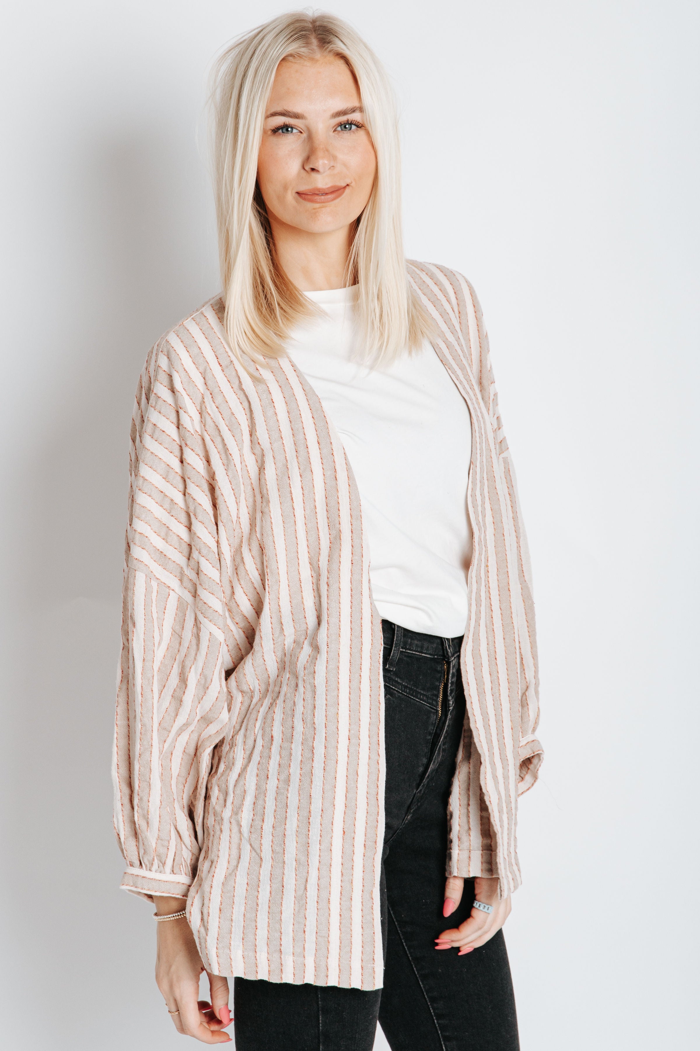 The Perkins Striped Open Cardigan in Taupe