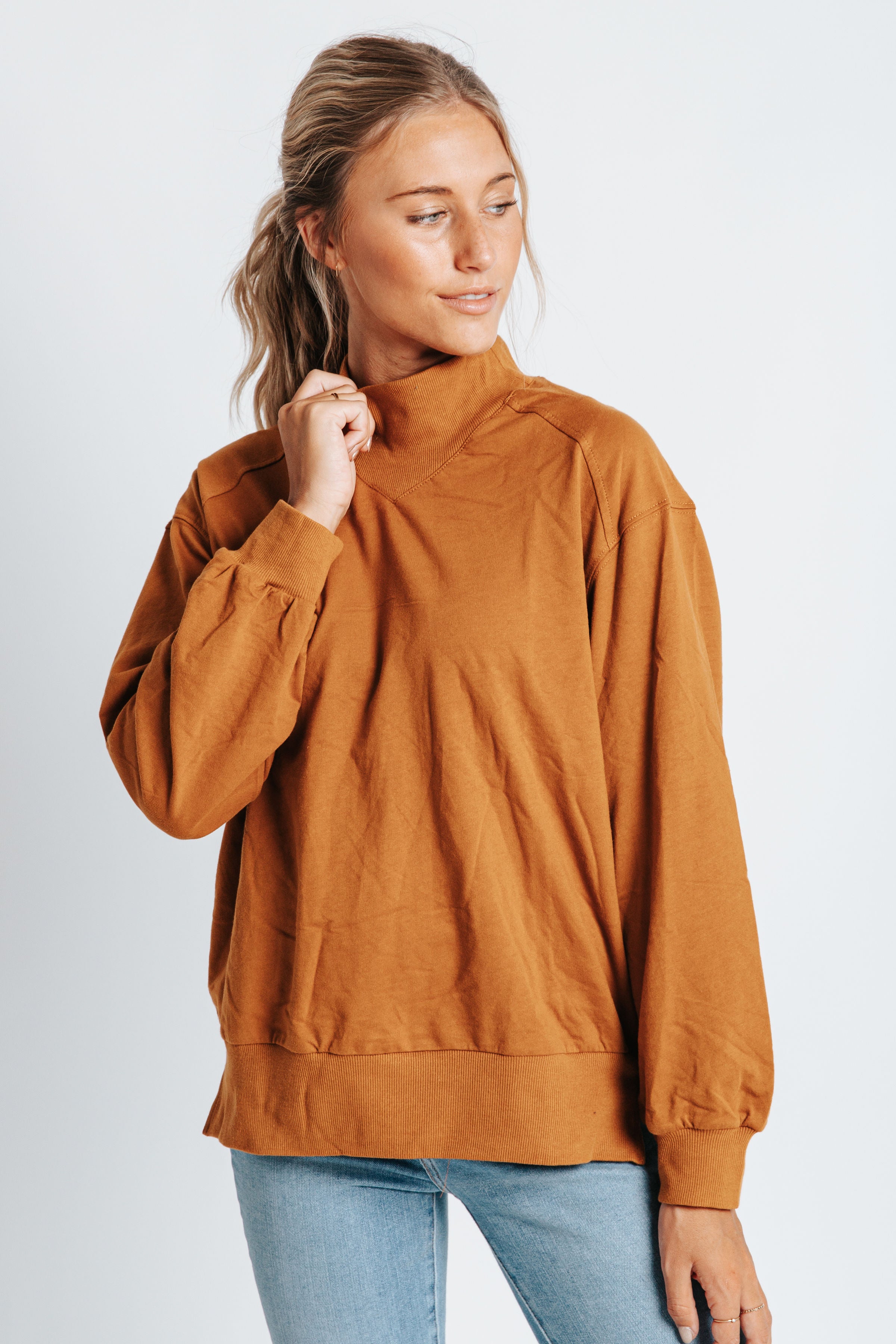 The Maya Mock Neck Sweatshirt in Camel