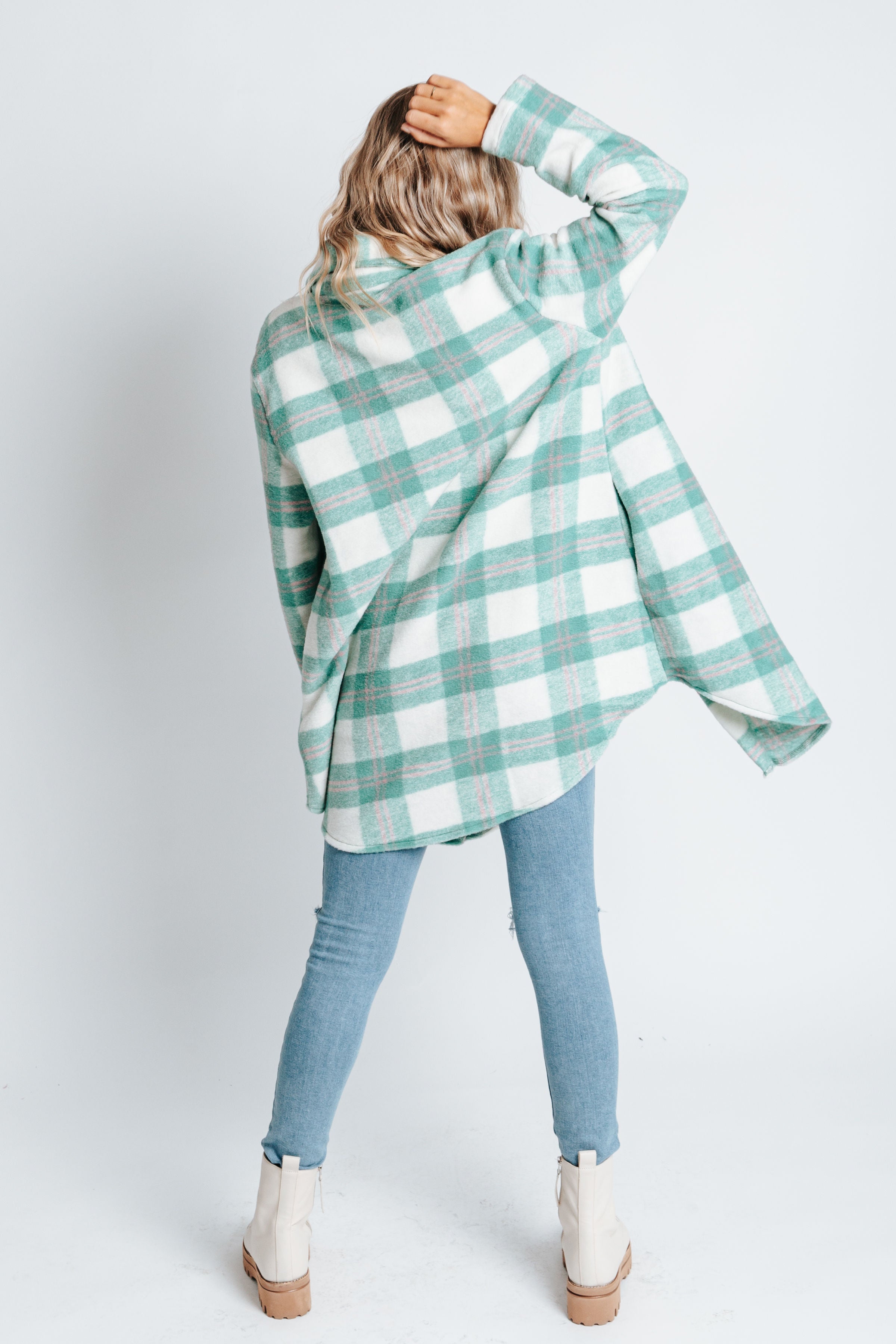 The Clawson Long Plaid Shacket in Jade