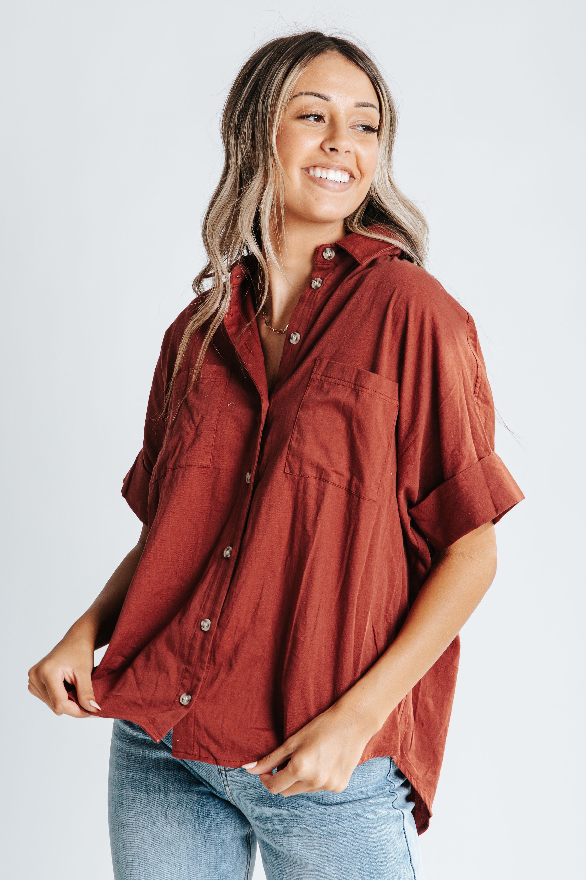 The Livvy Button Up Blouse in Red