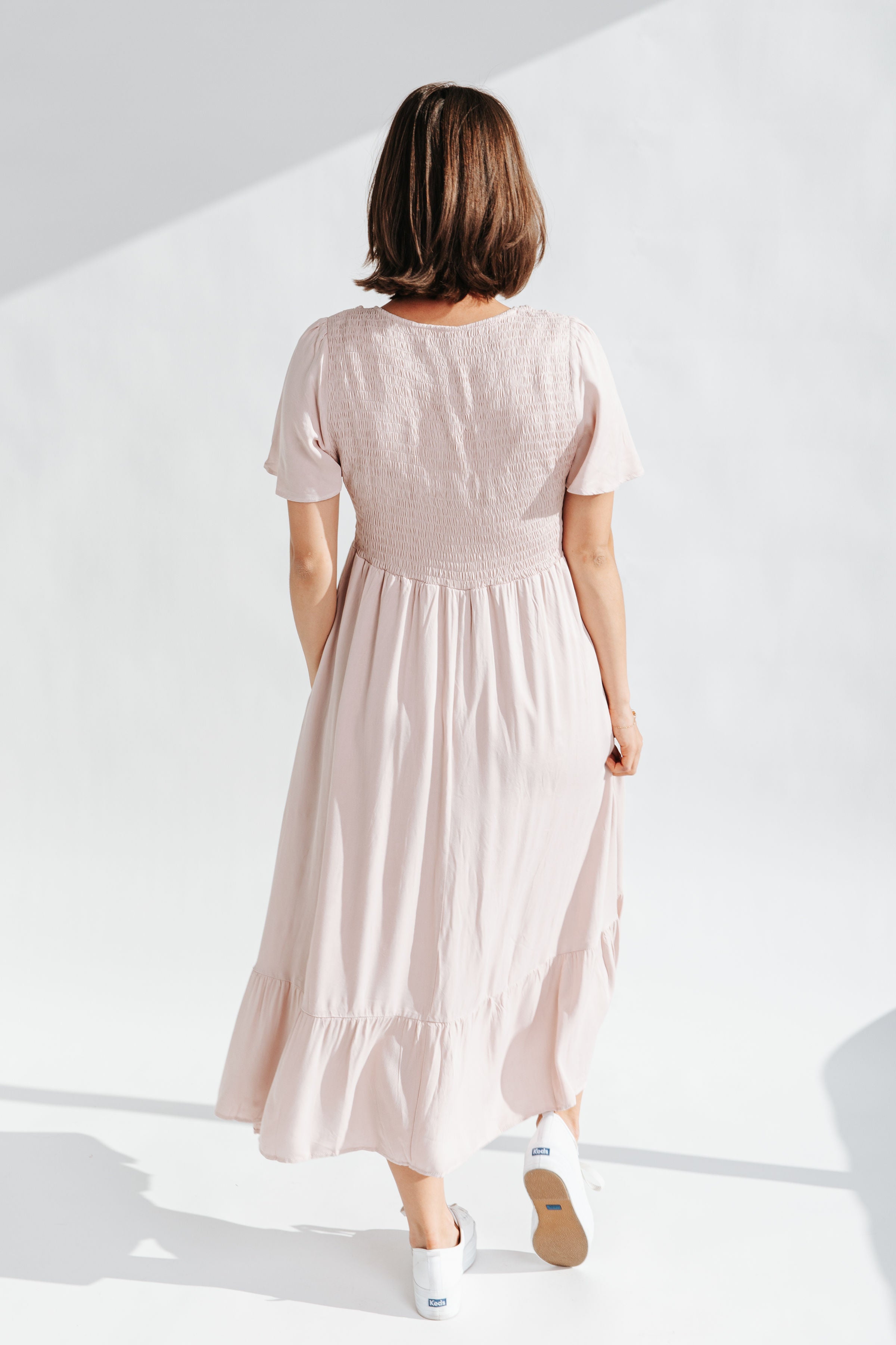 The Howard Smocked V-Neck Dress in Dusty Blush