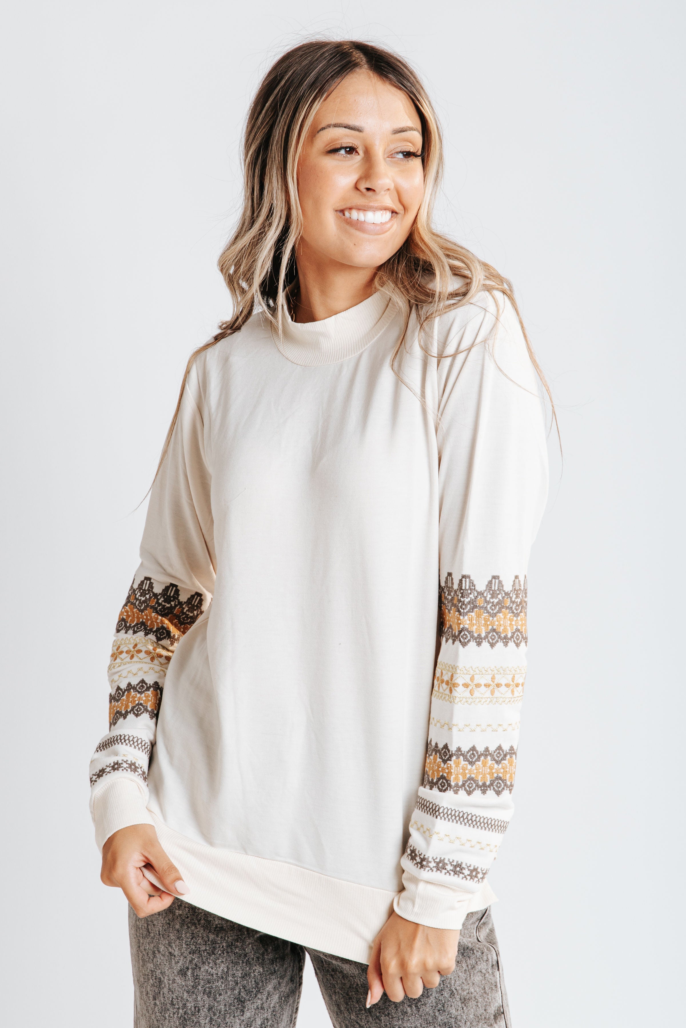 The Dirk Embroidered Sleeve Pullover in Cream