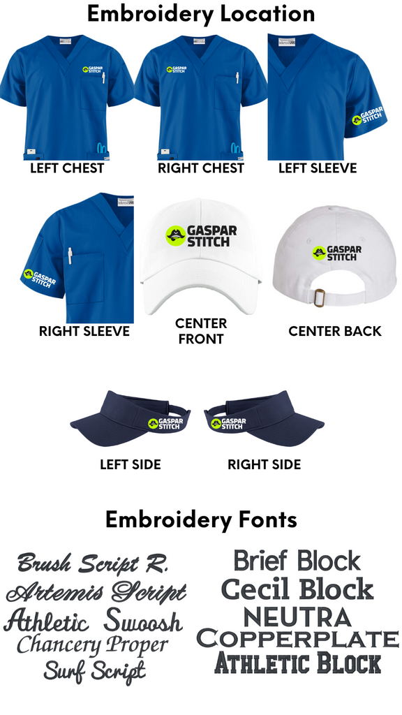 EMBROIDERY LOCATIONS AND FONTS