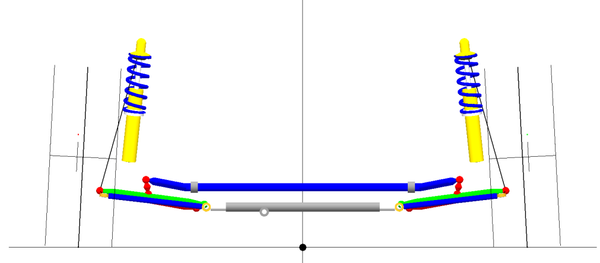 Figure 5. Front suspension rear view. Tie rods indicated in blue and steering rack in grey and white.