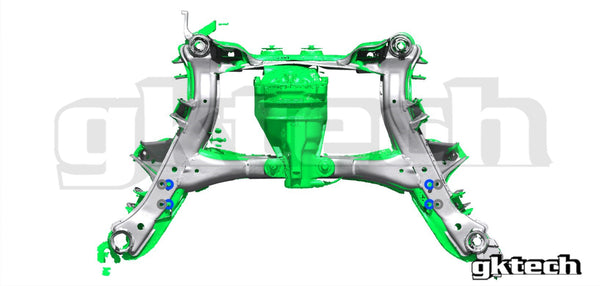 Image 13. S13 subframe sway bar mounting holes in grey and S14 in blue