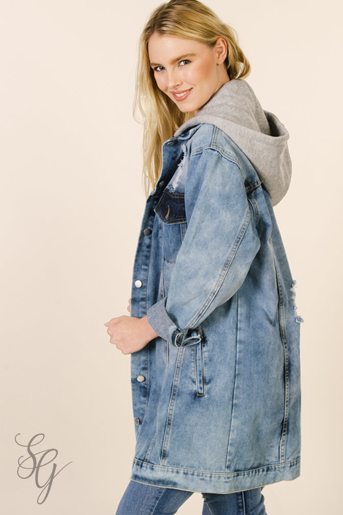 long jean jacket with hoodie