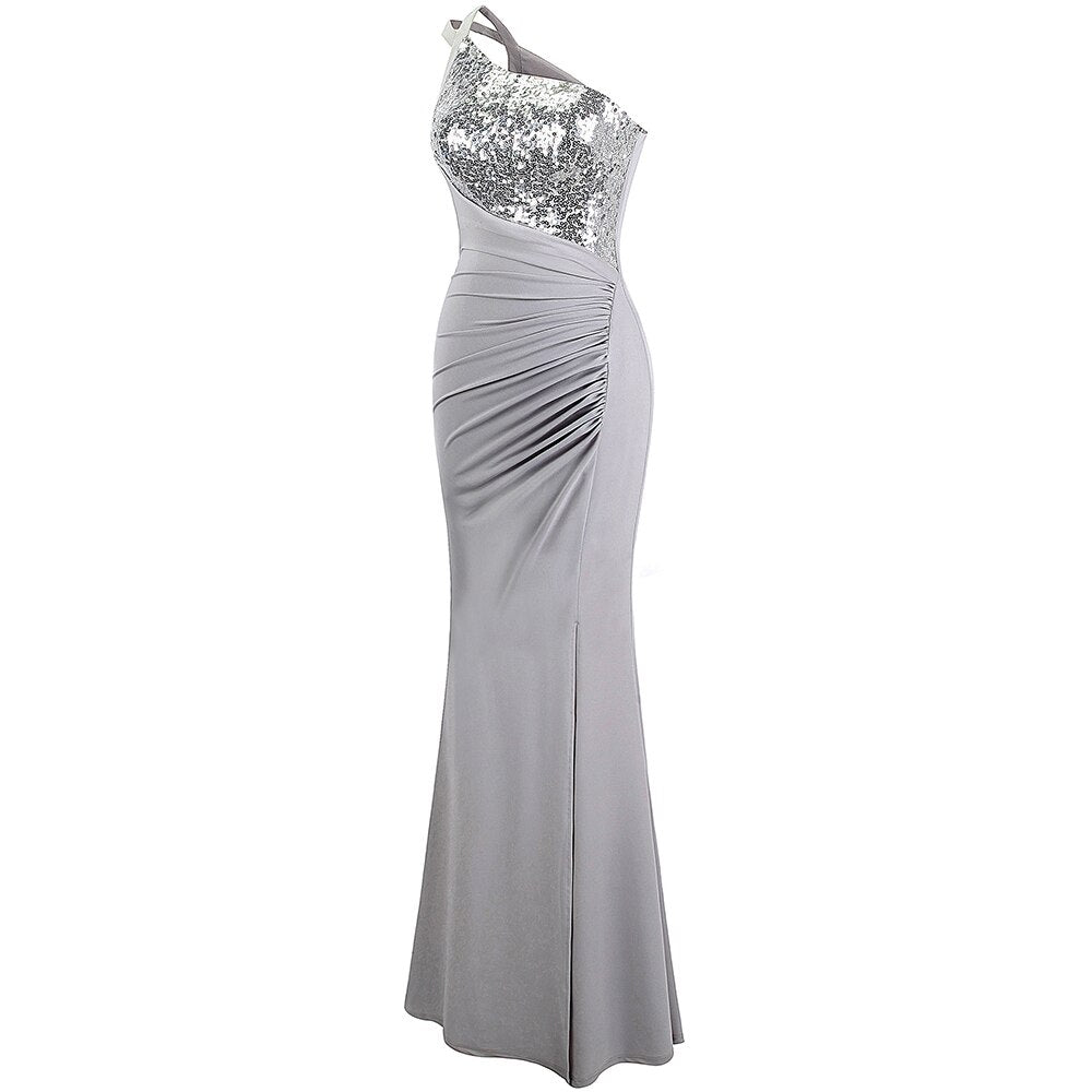Angel-Fashions One Shoulder Pleated Sequin Slit Long Prom Dresses Gray 399 - Angel Fashion