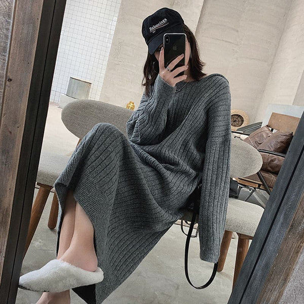 Large size women's autumn and winter new long-lasted knee sweater skirt female fat sister cover belly slim bottom knit dress - Ecart