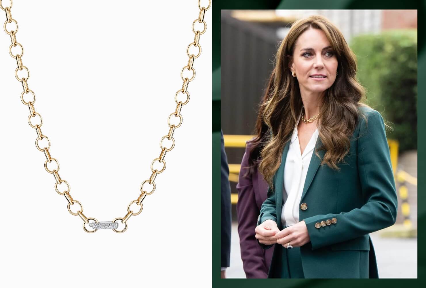 Image of Ecksand's Duel Oversized Gold Necklace on a white background next to an image of Kate Middleton wearing a very similar necklace
