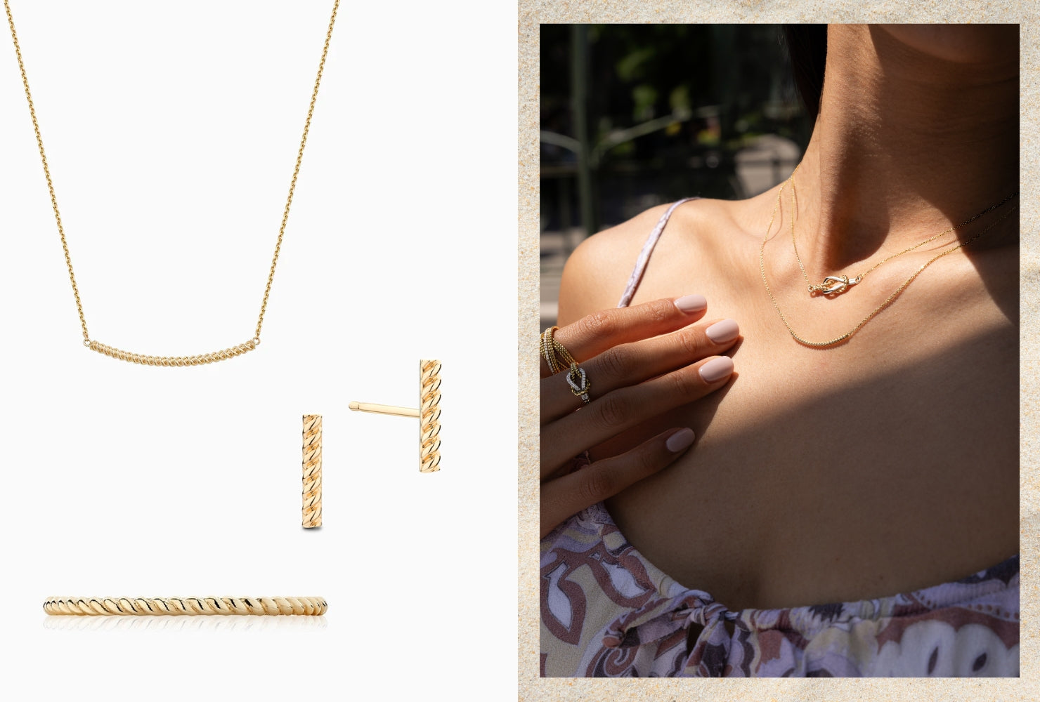 Model wearing Tresses necklaces next to three images of other pieces of jewelry from the Tresses Collection