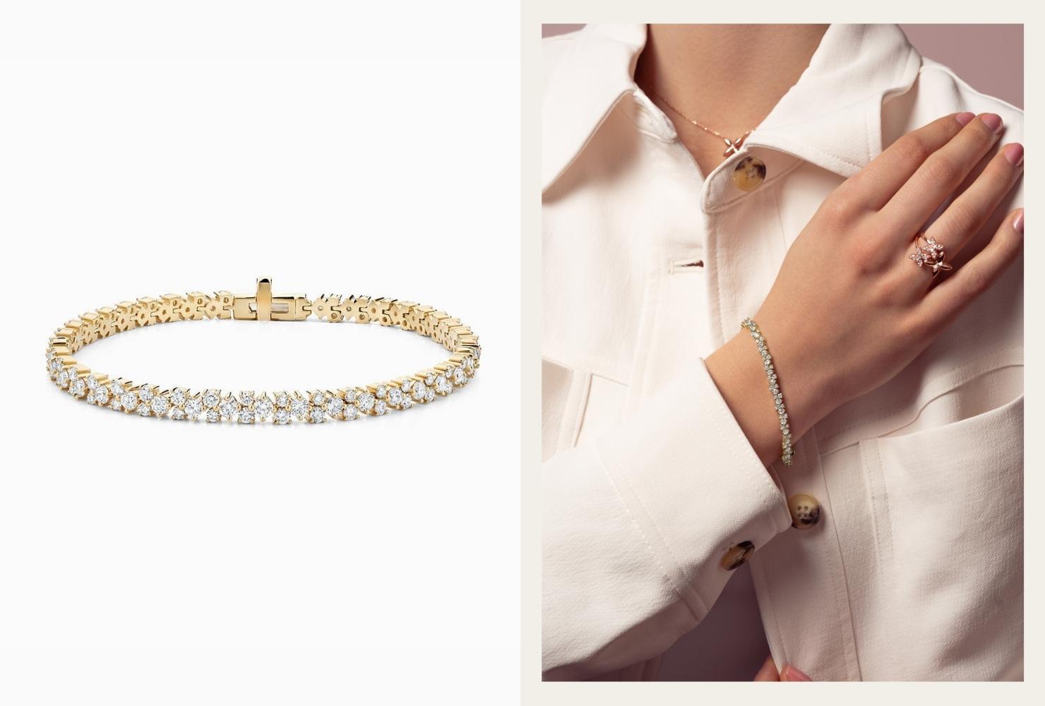 Image of Ecksand's Interlocking Diamond Tennis Bracelet next to an image of a model wearing it.