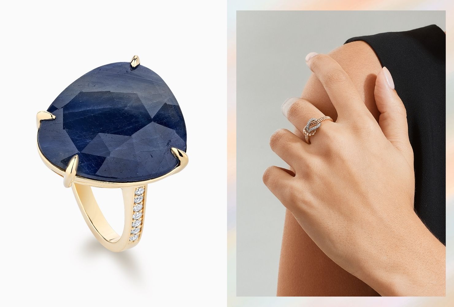 Ecksand's rose-cut blue sapphire cocktail ring next to model wearing Ecksand's Tresses knot ring with diamond pave