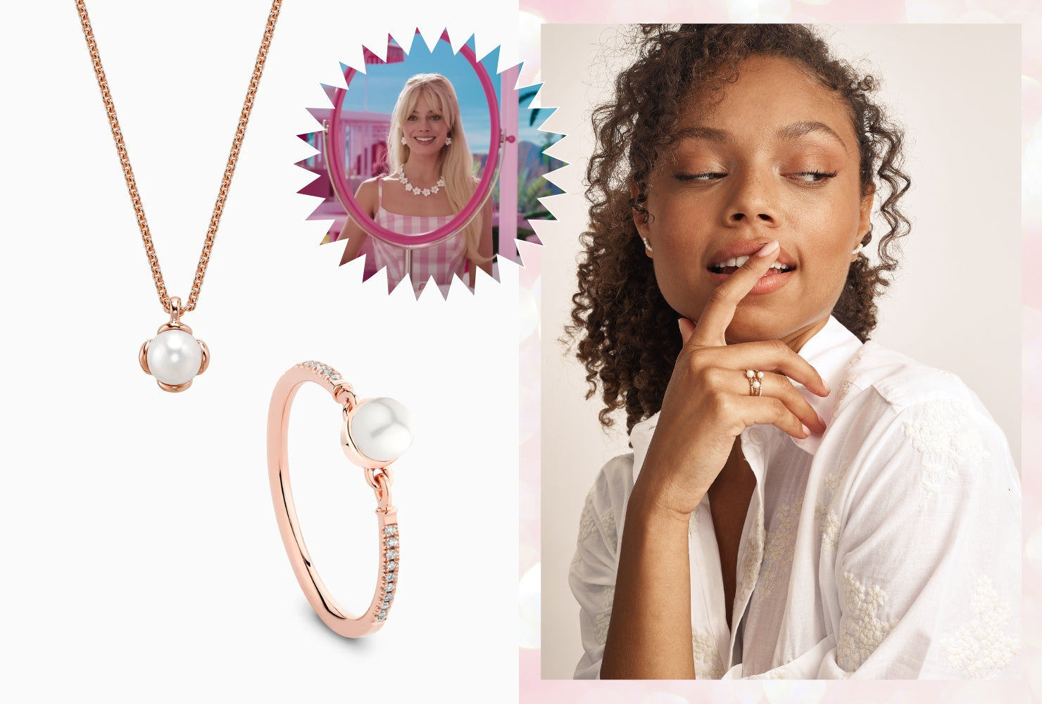 Model wearing pearl jewelry next to an image of Margot Robbie's Barbie.
