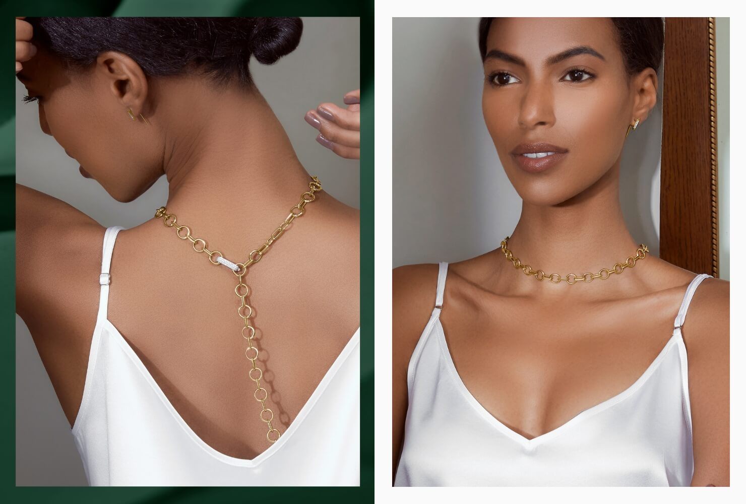 Image of a model facing away from the camera wearing Ecksand's Duel Oversized Gold Necklace next to an image of the same model facing toward the camera wearing the same necklace.