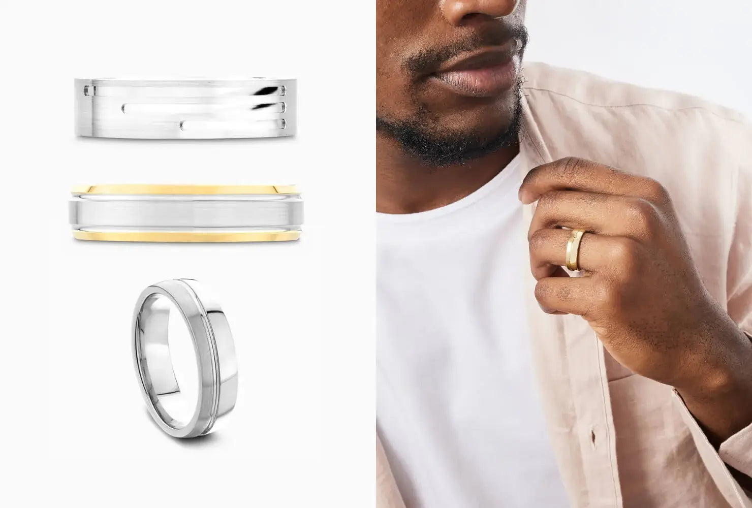 Model wearing a modern men's wedding ring next to an image of 3 other modern men's wedding rings