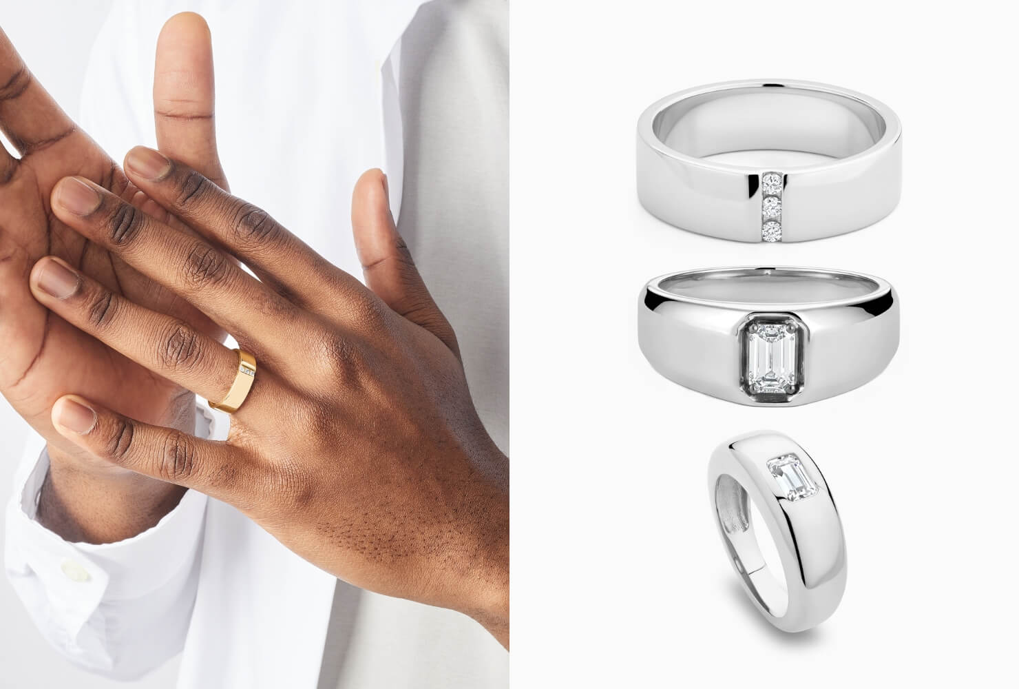 Model wearing a diamond men's ring next to an image of 3 other diamond men's rings