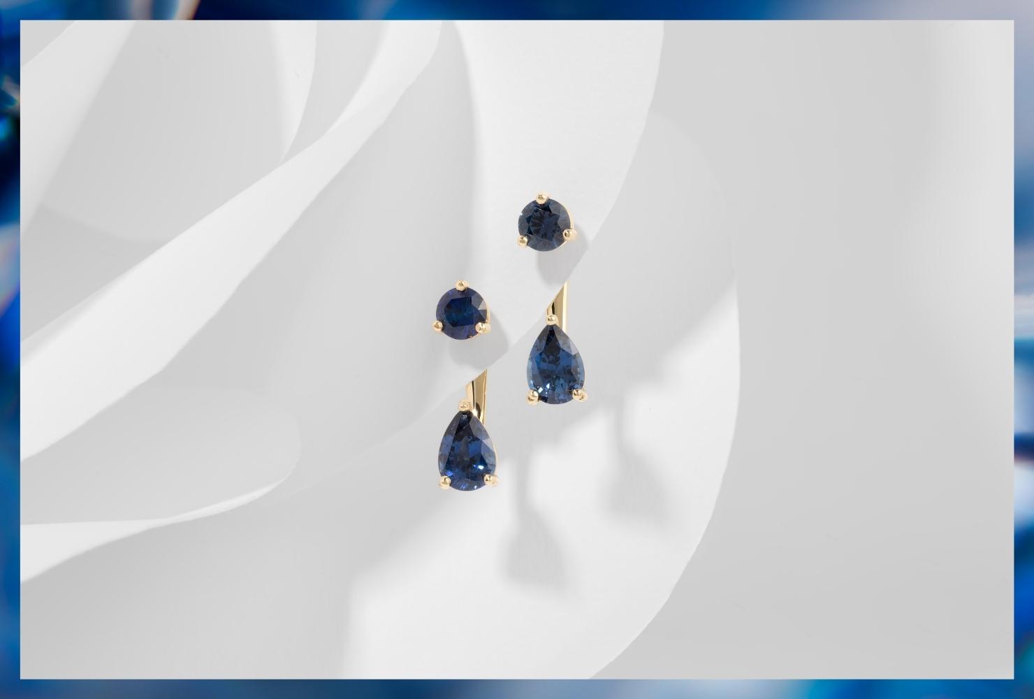 Front view of Ecksand's Blue Sapphire Jacket Earrings