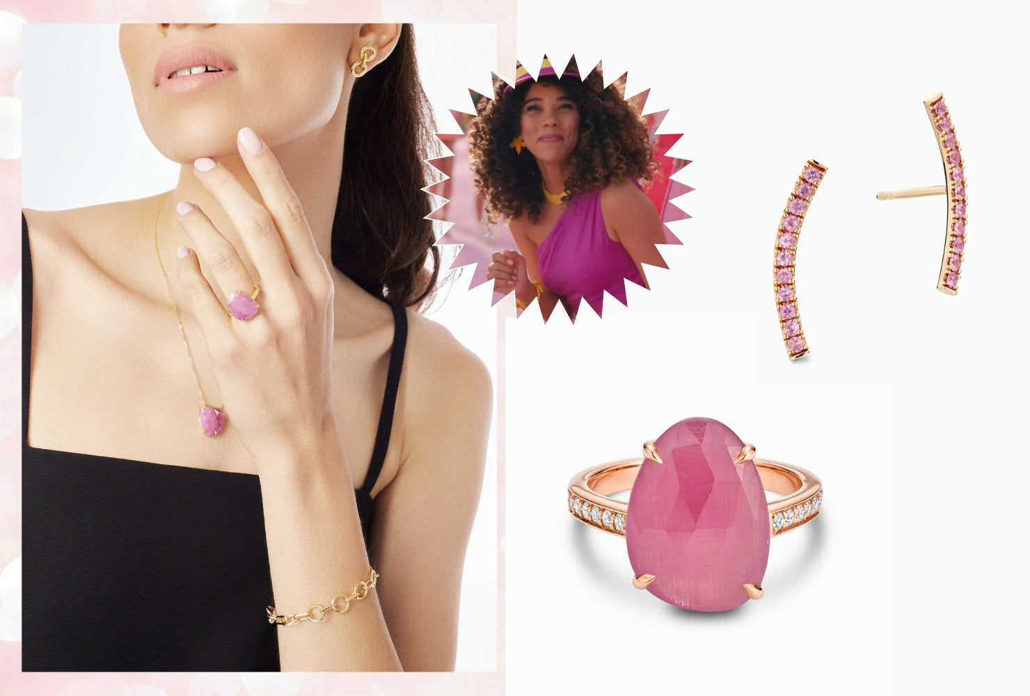 Model wearing pink sapphire jewelry next to an image of Alexandra Shipp's Barbie.