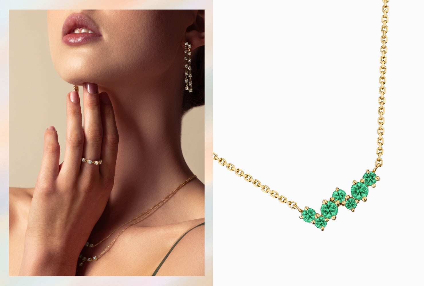 Ecksand's emerald cluster necklace in yellow gold on white background next to model image wearing interlocking diamond ring from the XO collection in yellow gold