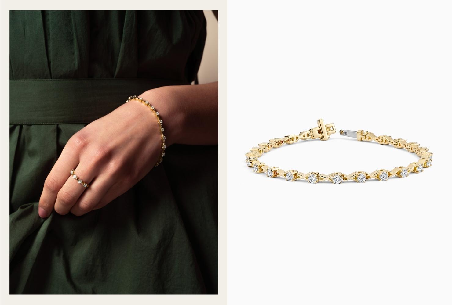 Image of a model wearing the XO Diamond Tennis Bracelet next to an image of it