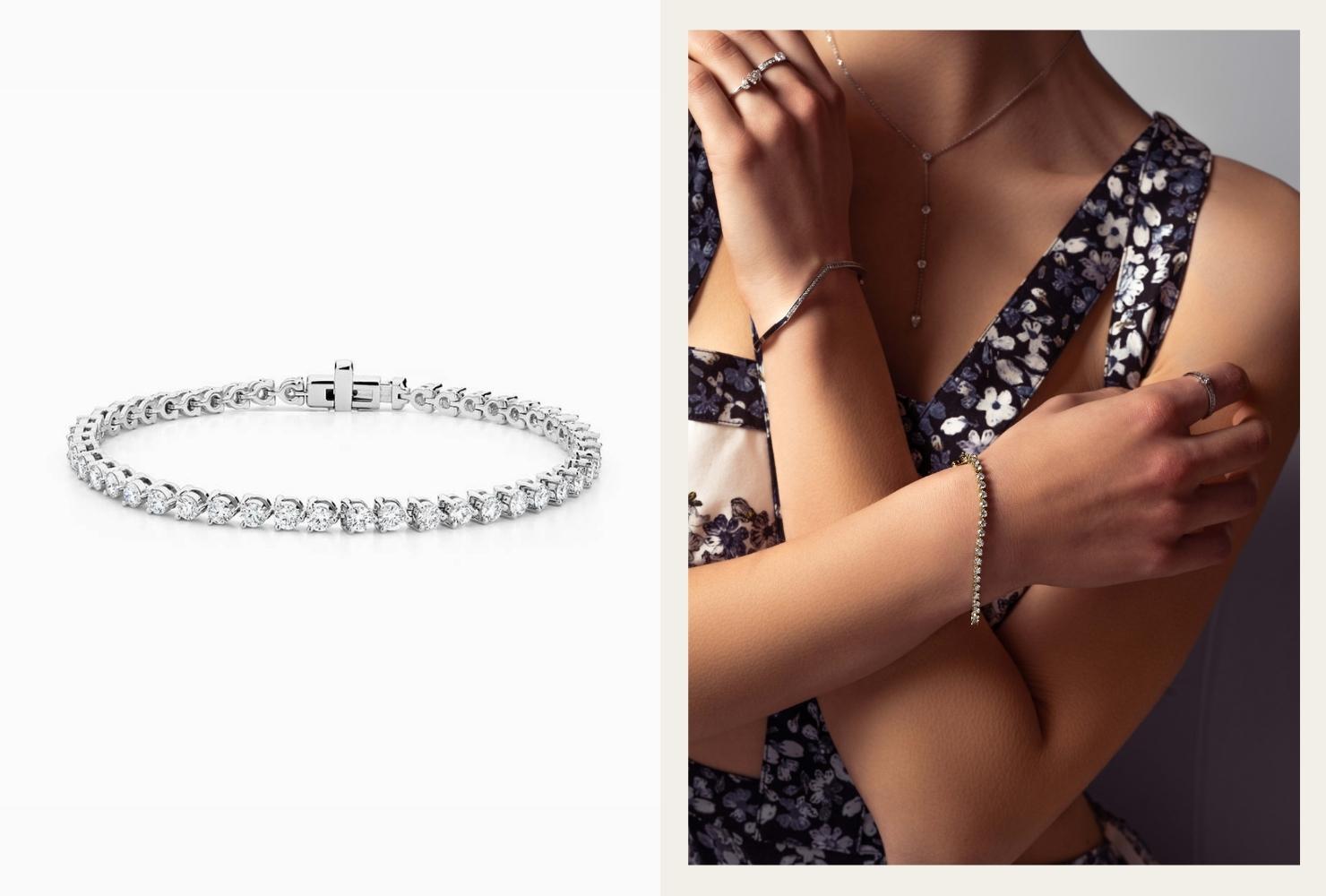Image of Three-Prong Diamond Tennis Bracelet next to an image of a model wearing it