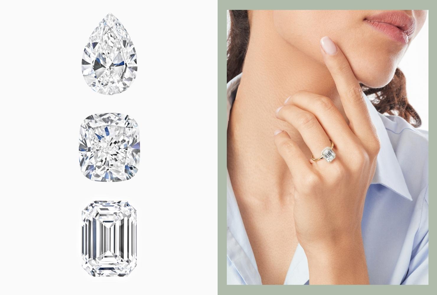 Le modèle porte la bague de fiançailles Ecksand et image de trois diamants avec différentes coupes