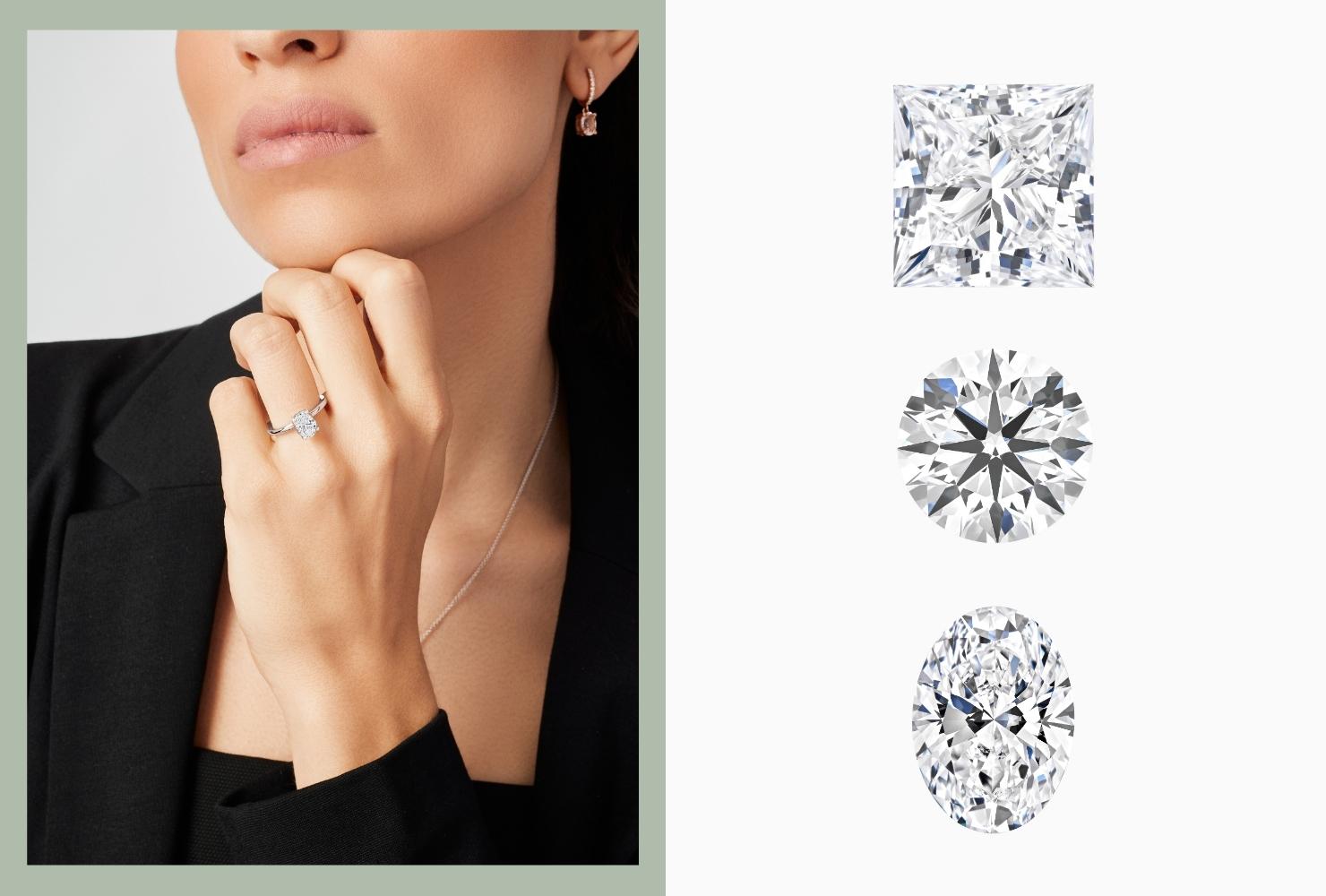 Le modèle porte la bague de fiançailles Ecksand et image de trois diamants avec différentes coupes