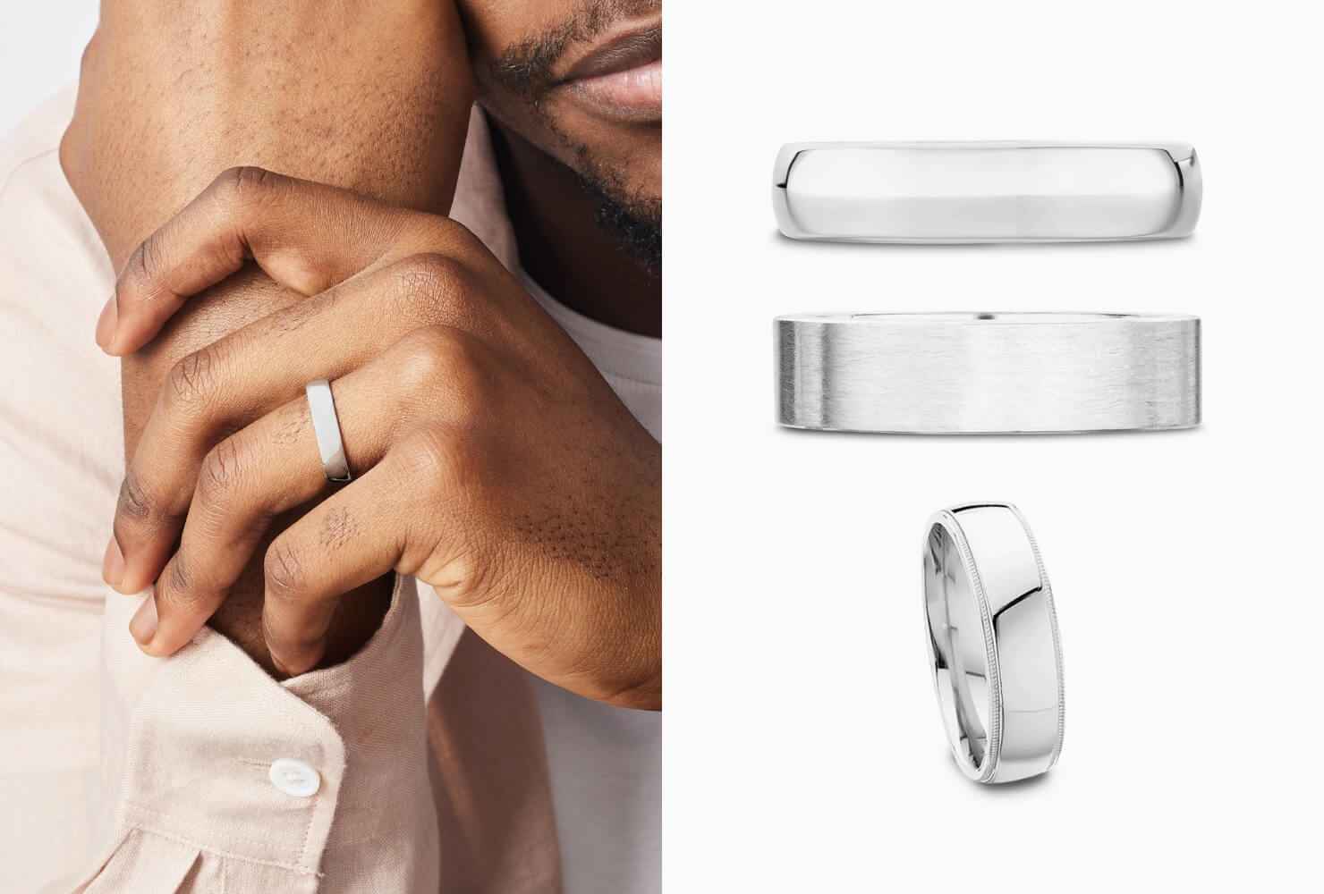Model wearing a classic men's wedding ring next to an image of 3 other classic men's wedding rings