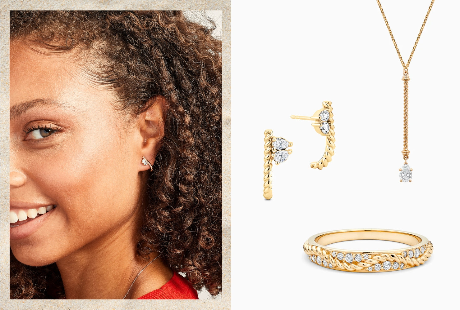 Model wearing Tresses earrings next to three images of other pieces of jewelry from the Tresses Collection