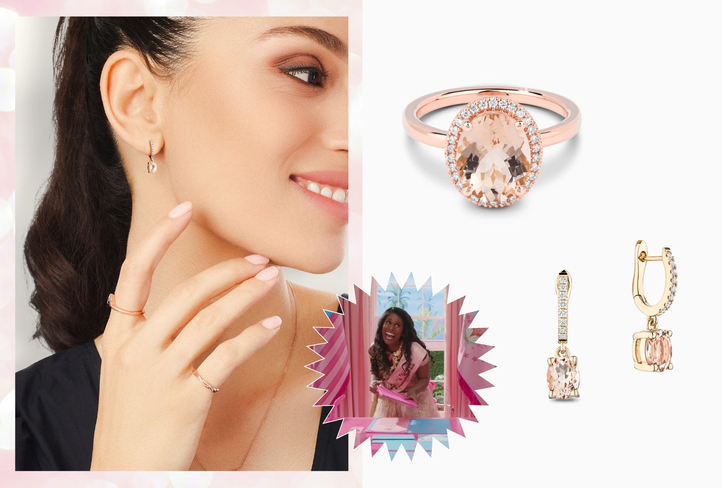 Model wearing morganite jewelry next to an image of Issa Rae's Barbie