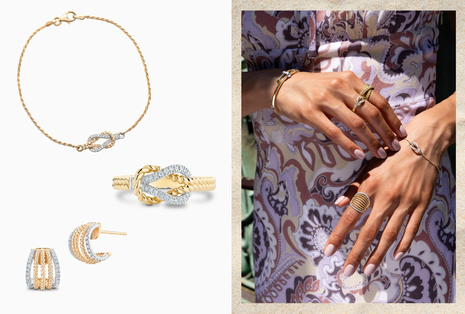 Model wearing Tresses rings and a bracelet next to three images of other pieces of jewelry from the Tresses Collection