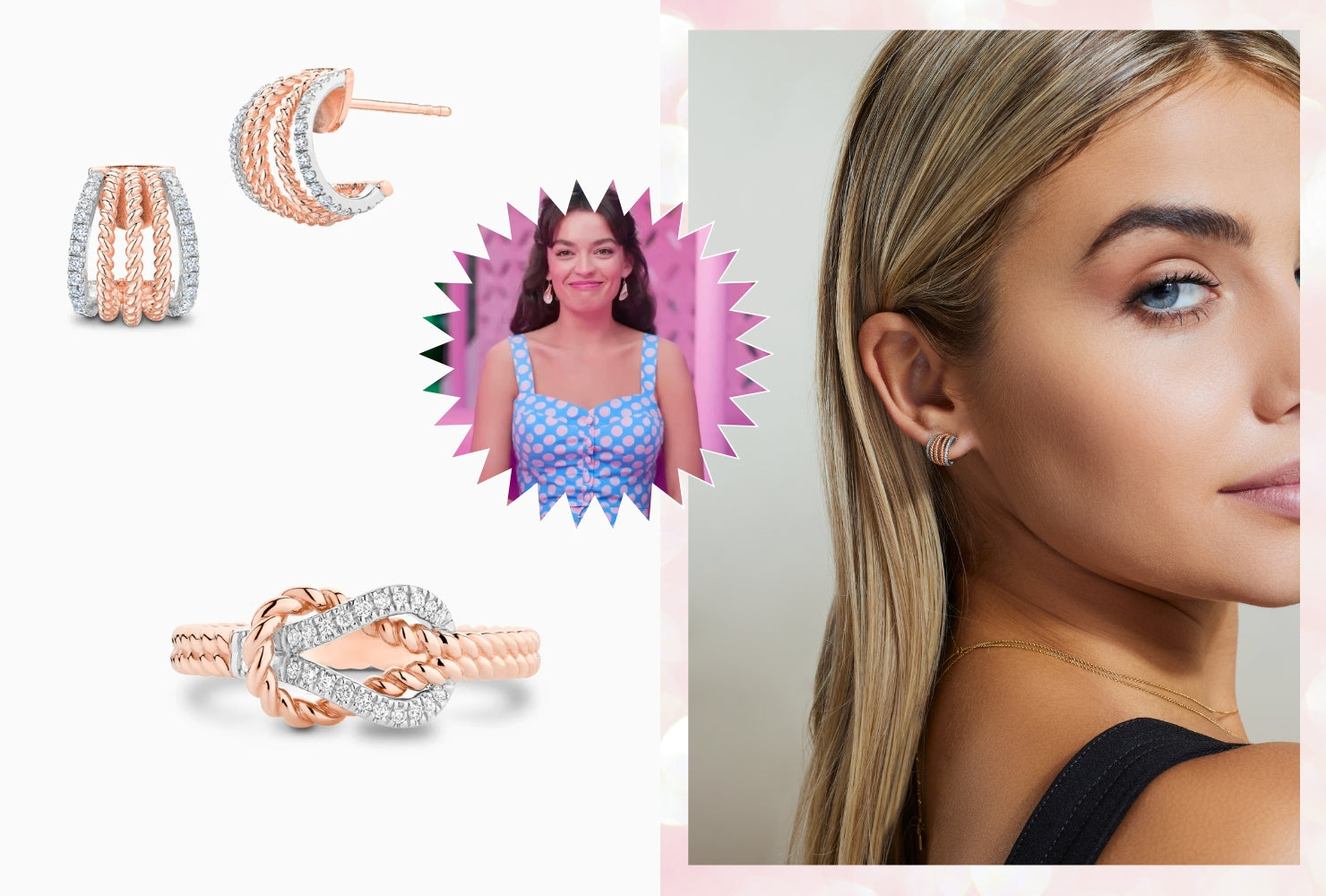 Model wearing jewelry from the Tresses Collection next to an image of Emma Mackey's Barbie